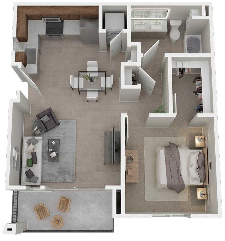 Floor plan for 1 bed, 1 bath, 764 sqft